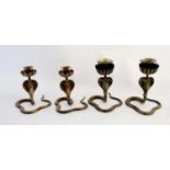 Art Deco Benares ware : Two pairs of enamel and brass candlesticks in the form of Cobras 9 1/4"