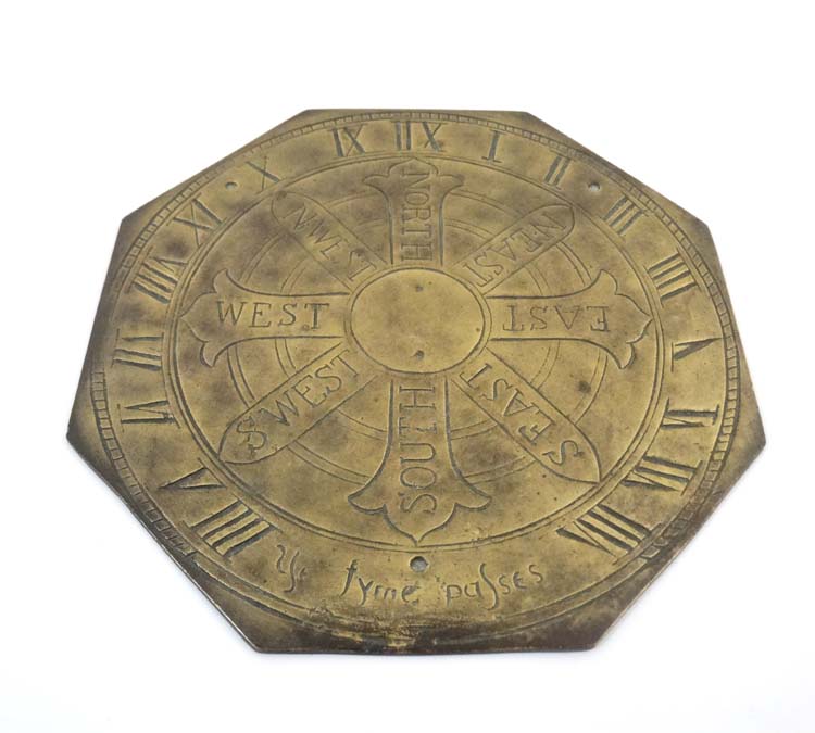 A 20thC octagonal engraved brass sundial base with points of the compass etc. - Image 3 of 3