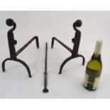 Architectural / Garden Salvage : A pair of 18thC blacksmith-forged open-hearth andirons and a