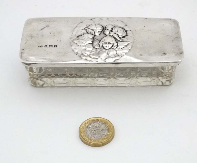 A cut glass dressing table pot with silver top having embossed angel decoration. - Image 3 of 6