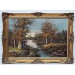 G Whitman (late XX), Oil on canvas, River through the wood, Signed lower right.