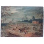 XVII Continental School, Oil on fielded oak panel, Landscape Horse drawn coach and figures,