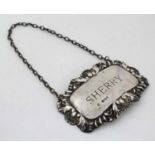 A silver wine label / bottle tag 'Sherry' hallmarked Sheffield 1966 maker Francis Howard Ltd.