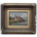 E W Junkowski ? XIX German / Polish, Oil on canvas, A Gothic church besides a lake/river,