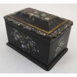 A Victorian papier-mache two sectional tea caddy with painted and inset mother of pearl and abalone