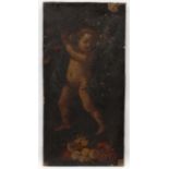 XVII-XVIII Italian School, Oil on canvas, Portrait of a Cherub holding a bouquet of flowers aloft,