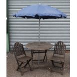Circular wooden folding garden table + 2 chairs and umbrella CONDITION: Please Note