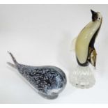 Studio Art Glass : a stylised glass figure of a whale together with a penguin in the Murano glass