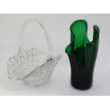 Large green glass handkerchief Venini style vase together with a moulded glass basket (2)