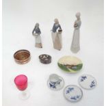 Assorted miscellaneous items to include 3 ceramic figures, stone box, cranberry wine glass,