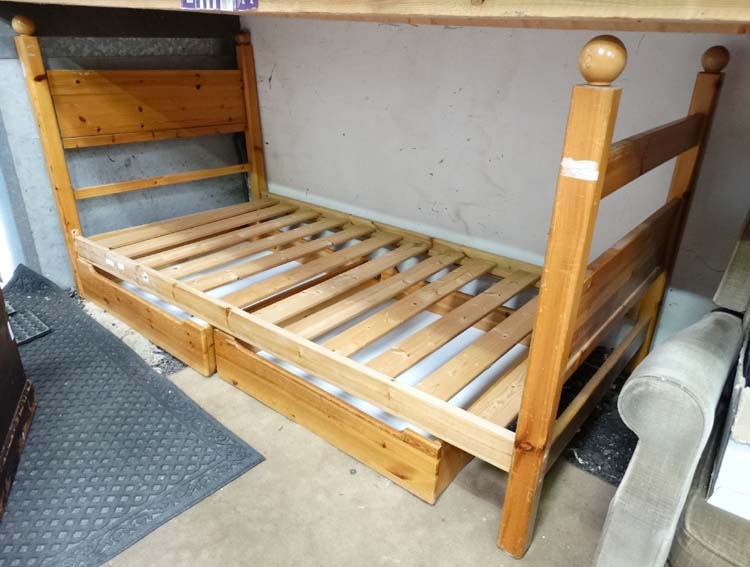 Pine single bed together with under drawers CONDITION: Please Note - we do not make