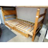 Pine single bed together with under drawers CONDITION: Please Note - we do not make