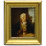 XIX English School c1840 , Oil on panel, A Shepherd seated at a table in a public house drinking,