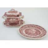 A Masons Ironstone China , Vista, transfer ware , red and white Soup Tureen on stand with matching