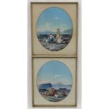 Gatti XIX - Italian, Gouache ovals -a pair, Neapolitan scenes with peasants by the seashore,