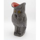 A 21stC majolica style grey owl jug / pitcher, having pink interior, marked under 0980. 10 1/2''