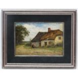 Indistinctly Signed XIX English School, Oil on board, Figure outside a country cottage, Signed lower