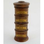 Treen - Kitchanalia : A turned wooden spice tower labelled ' Cloves', 'Ginger', 'Mace',