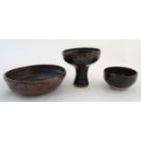 A collection of three items of Treacle-glazed studio pottery by LAB, comprising large bowl, small