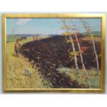 Indistinctly Signed United Soviet States of Russia, Oil on canvas, Man and a dog measuring autumn