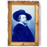 A framed blue and white Dutch, Delft Portrait plaque of Peter Paul Rubens , in gilt coloured frame,