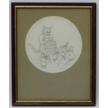 M Woolley XX, Pencil drawing , a tondo, Animal Orchestra , cat playing a drum with mice playing