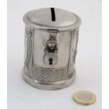 Decorative Metalware : A WMF 'old silver' finish money box with padlock clap and image of St