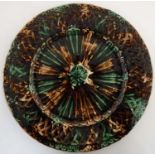 A Scottish Alloa Pottery Majolica moulded basket weave plate decorated in mottled tortoiseshell