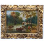 J Johnson 1867, Oil on board, ' Madame Le Brun and Child by a river , Signed and dated lower right