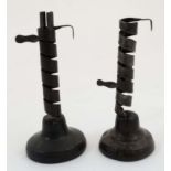 Wrought Iron Spiral Candlesticks : a pair of French / English flat strip coil candlesticks with