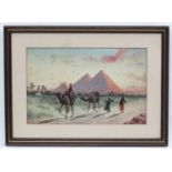 David Vassiliou XIX-XX Greek, Watercolour, Figures on camels by the Pyramids of Egypt, Signed