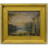 XIX English Romantic School, Oil on board, Figures dancing by moonlight before a country house and