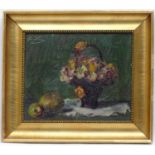 Huebel Bloemarts Early XX Dutch, Oil on panel, Still life, flowers in a basket and fruit on a table,