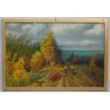 United Soviet States of Russia, Oil on canvas, Cyclists using a country track in Autumn. 40 x 60"