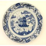 A blue and white Chinese ceramic plate. The central well portrays a Chinese landscape with figures