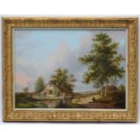 Indistinctly signed XIX Dutch School , Oil on mahogany panel, A country landscape with figures,