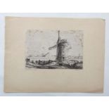 After Rembrant C1700, Old Master Etching, Windmill in a landscape. 4 1/8 x 6" CONDITION: Please Note