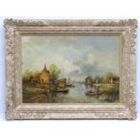 M.J .Rendell XX Dutch School, Oil on board, Dutch river with buildings river vessels and figures,