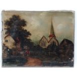 XIX English School, Oil on canvas, Figures by a cottage gate and church, Indistinctly signed and