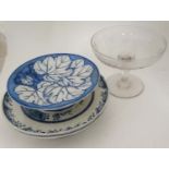 Two blue and white tazzas and cut glass bon bon dish.