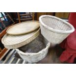 A large wickerwork circular basket; together with another rectangular basket;