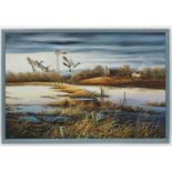 Wild fowling : Am Brus XX American School Oil on canvas board Mallard ' Springing ' from wetland