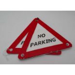 Two 21st C Painted cast metal triangular 'No Parking' signs size 6" x 7" overall