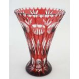 A ruby and clear glass vase with flash cut decoration approx 8 1/4" high CONDITION: