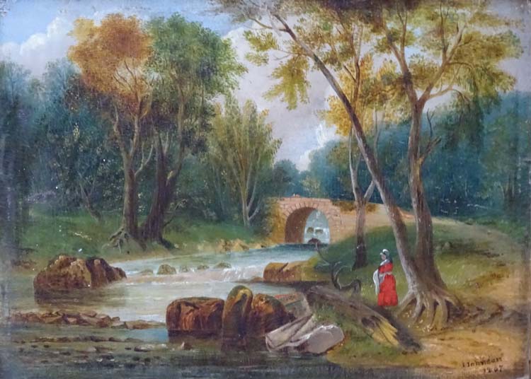 J Johnson 1867, Oil on board, ' Madame Le Brun and Child by a river , - Image 4 of 4