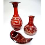 3 items of ruby and clear glass comprising a baluster vase with Greek key decoration,