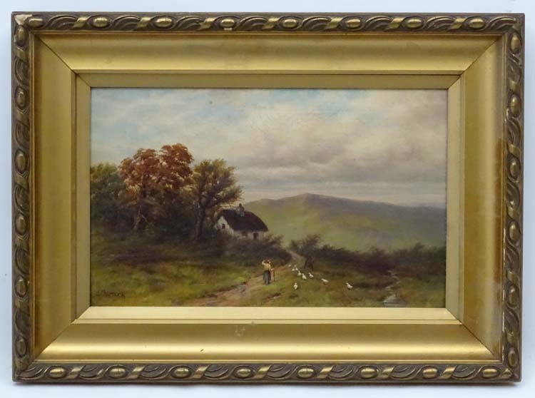 J Charnock XIX, Oil on canvas, Figure gathering fowl in from a stream near a country homestead.