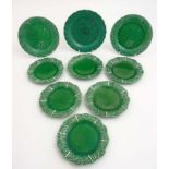 A collection of Majolica plates to include two c1877 Wedgwood Majolica 'vine leaf' plates,