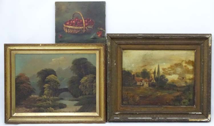 3 assorted oil paintings, ES Mon , oil on canvas , track past a cottage in the country, Morris ,