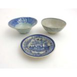 Chinese Ceramics : Three items to include 2 recovered bowls and an old saucer all with blue and